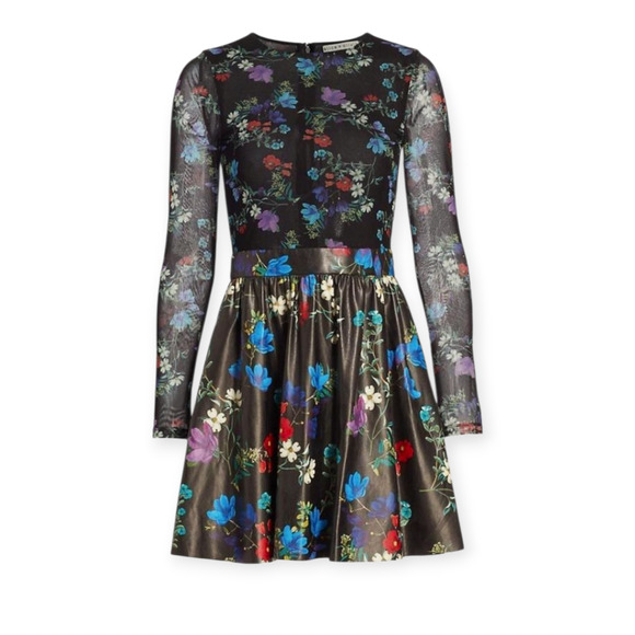 Alice + Olivia Chara Vegan Leather Floral Crew Neck Long Sleeve‎ Skirt Dress - Picture 2 of 6